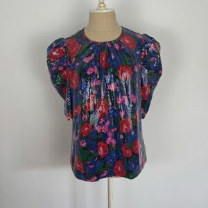 WAYF Blouse Multicolor Floral Sequins Puff Sleeves Zip S